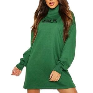 Boohoo Green High Neck Embroidered Sweatshirt Dress